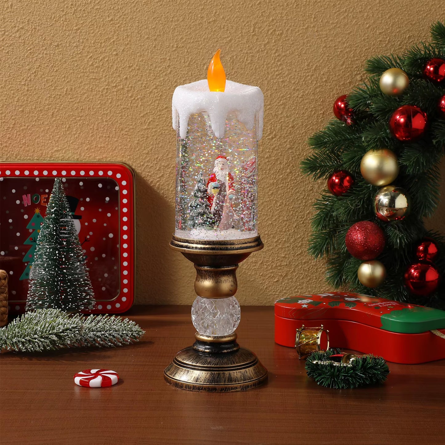 Lámpara de mesa navideña LED tipo vela con carga USB, luz nocturna LED, efecto visual de agua, caja de música, decoración de escritorio.